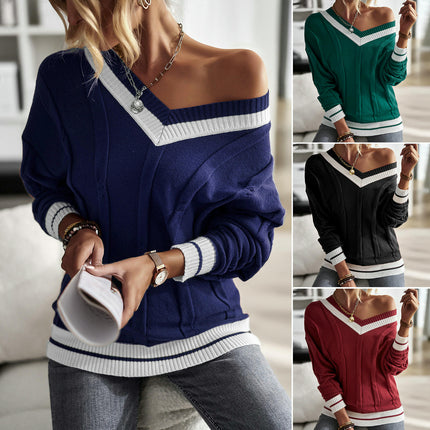 Women's Winter Knitted Sweater Simple V-neck Contrast Color Stitching Sweater Top