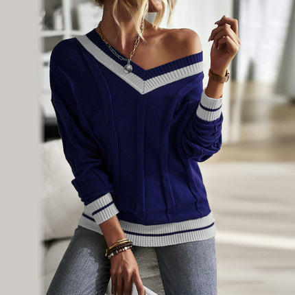 Women's Winter Knitted Sweater Simple V-neck Contrast Color Stitching Sweater Top