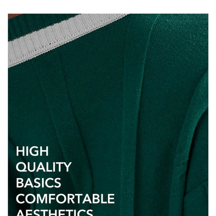 Women's Winter Knitted Sweater Simple V-neck Contrast Color Stitching Sweater Top