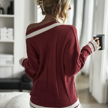 Women's Winter Knitted Sweater Simple V-neck Contrast Color Stitching Sweater Top
