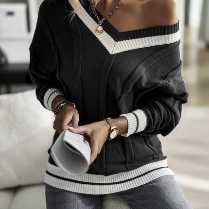 Women's Winter Knitted Sweater Simple V-neck Contrast Color Stitching Sweater Top
