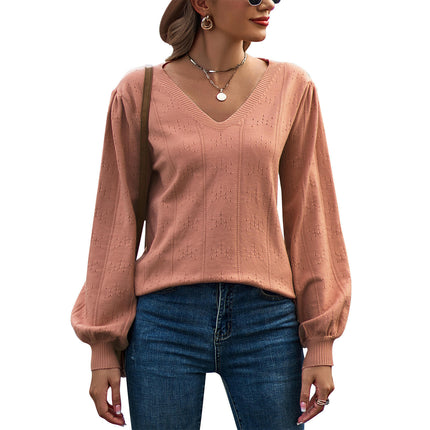 Women's Autumn Knitted Sweater Solid Color V-Neck Long Sleeve Sweater Top