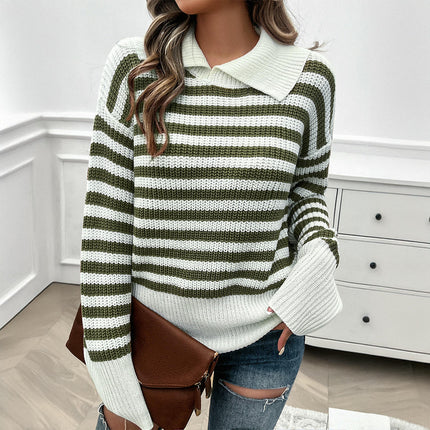 Pullover Knitted Top Casual Loose Lapel Striped Long Sleeve Sweater for Women