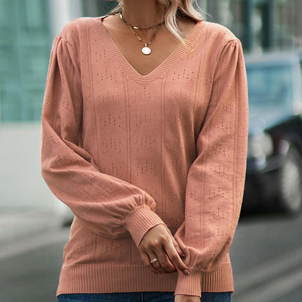 Women's Autumn Knitted Sweater Solid Color V-Neck Long Sleeve Sweater Top