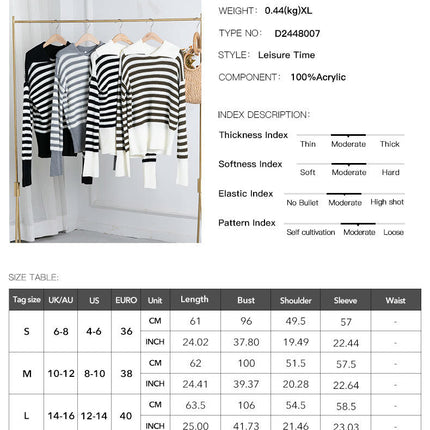 Pullover Knitted Top Casual Loose Lapel Striped Long Sleeve Sweater for Women