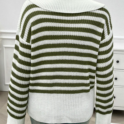 Pullover Knitted Top Casual Loose Lapel Striped Long Sleeve Sweater for Women
