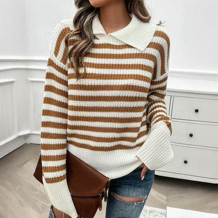 Pullover Knitted Top Casual Loose Lapel Striped Long Sleeve Sweater for Women