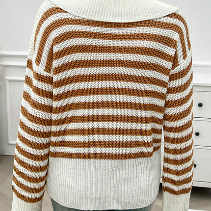 Pullover Knitted Top Casual Loose Lapel Striped Long Sleeve Sweater for Women
