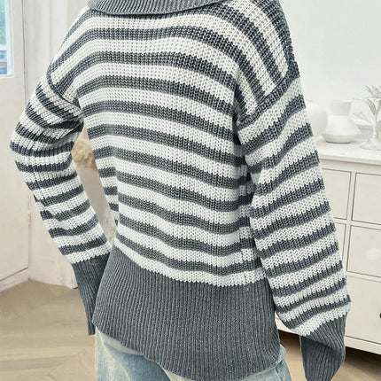 Pullover Knitted Top Casual Loose Lapel Striped Long Sleeve Sweater for Women