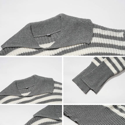 Pullover Knitted Top Casual Loose Lapel Striped Long Sleeve Sweater for Women