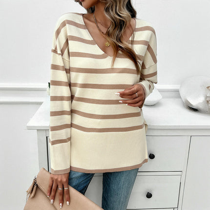 Women's Pullover Knitted Top Casual Loose V-neck Striped Long-sleeved Sweater