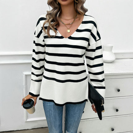 Women's Pullover Knitted Top Casual Loose V-neck Striped Long-sleeved Sweater