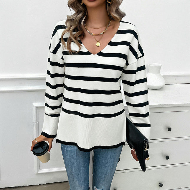 Women's Pullover Knitted Top Casual Loose V-neck Striped Long-sleeved Sweater