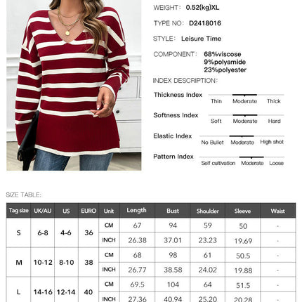 Women's Pullover Knitted Top Casual Loose V-neck Striped Long-sleeved Sweater