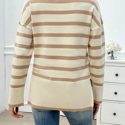 Women's Pullover Knitted Top Casual Loose V-neck Striped Long-sleeved Sweater