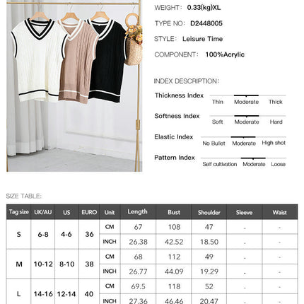 Women's Winter Sleeveless Knit Top Loose V-Neck Contrast Color Sweater Vest