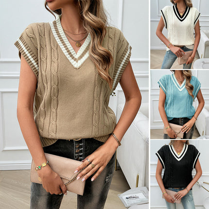 Women's Winter Sleeveless Knit Top Loose V-Neck Contrast Color Sweater Vest