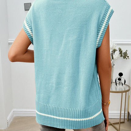 Women's Winter Sleeveless Knit Top Loose V-Neck Contrast Color Sweater Vest