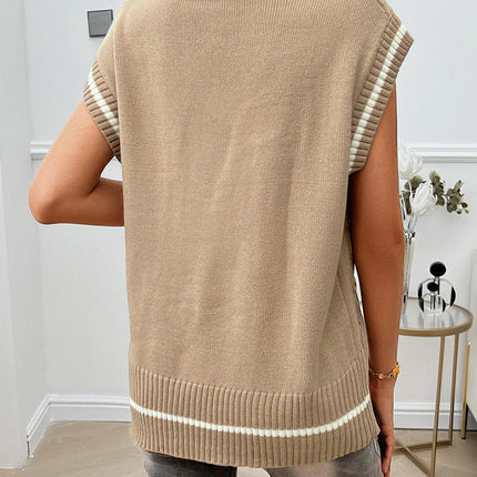 Women's Winter Sleeveless Knit Top Loose V-Neck Contrast Color Sweater Vest