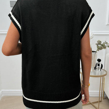 Women's Winter Sleeveless Knit Top Loose V-Neck Contrast Color Sweater Vest