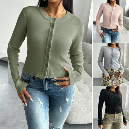 Women's Temperament Slim Cardigan Round Neck Button Long Sleeve Sweater