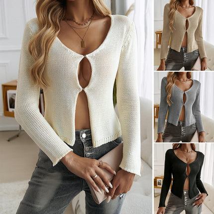 Women's Thin Sexy Hot Girl Hollow Button Cardigan Long Sleeve Sweater Top