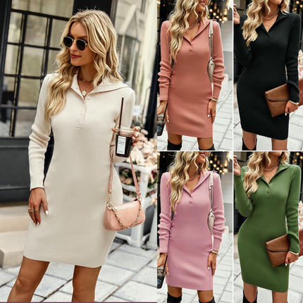 Womens Knit Sweater Dress Button V Neck Long Sleeve Ribbed Bodycon Dresses