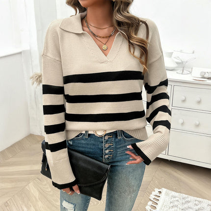 Women's Long Sleeve Casual Loose Striped Contrast Lapel Knitted Sweater Top