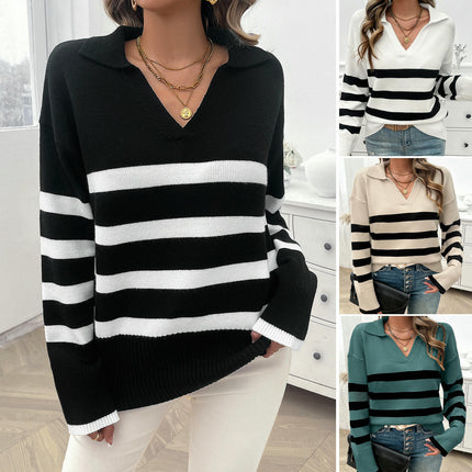 Women's Long Sleeve Casual Loose Striped Contrast Lapel Knitted Sweater Top