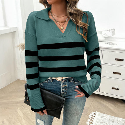 Women's Long Sleeve Casual Loose Striped Contrast Lapel Knitted Sweater Top