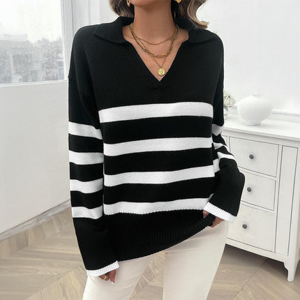Women's Long Sleeve Casual Loose Striped Contrast Lapel Knitted Sweater Top