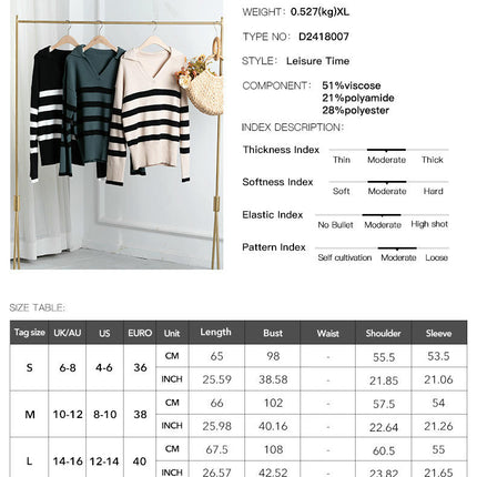 Women's Long Sleeve Casual Loose Striped Contrast Lapel Knitted Sweater Top