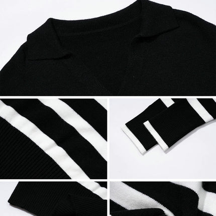 Women's Long Sleeve Casual Loose Striped Contrast Lapel Knitted Sweater Top