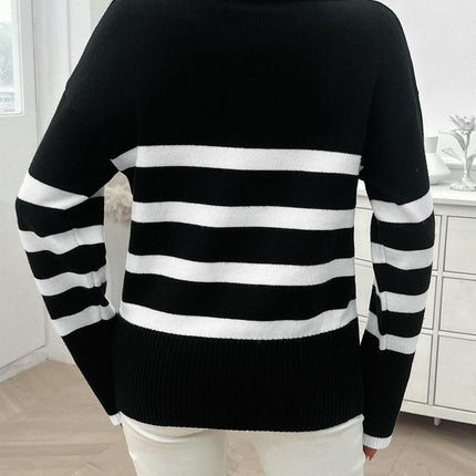Women's Long Sleeve Casual Loose Striped Contrast Lapel Knitted Sweater Top