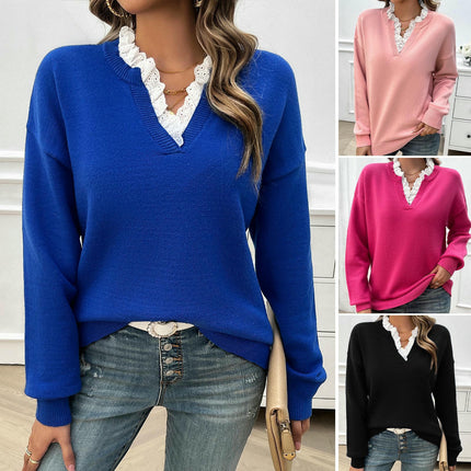 Women's Long Sleeve Knitted Sweater Casual Loose Lace V Neck Top Sweater
