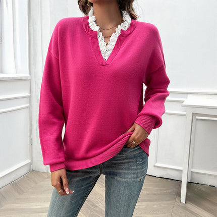 Women's Long Sleeve Knitted Sweater Casual Loose Lace V Neck Top Sweater