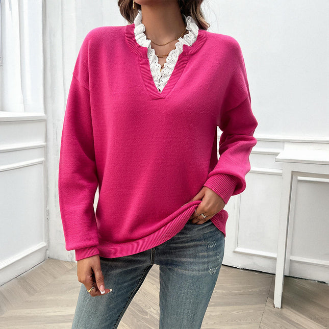 Women's Long Sleeve Knitted Sweater Casual Loose Lace V Neck Top Sweater