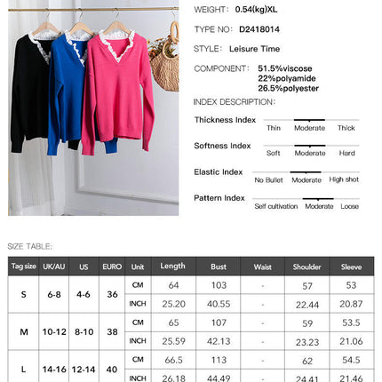 Women's Long Sleeve Knitted Sweater Casual Loose Lace V Neck Top Sweater