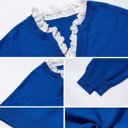 Women's Long Sleeve Knitted Sweater Casual Loose Lace V Neck Top Sweater