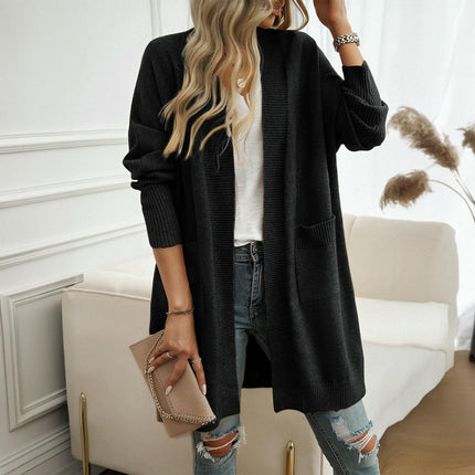Women's Solid Color Long Cardigan Casual Loose Bat Sleeve Pocket Sweater Jacket
