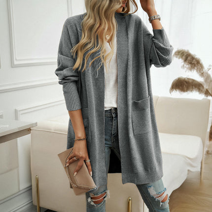 Women's Solid Color Long Cardigan Casual Loose Bat Sleeve Pocket Sweater Jacket