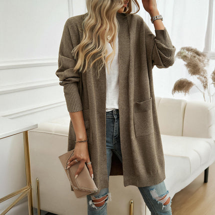 Women's Solid Color Long Cardigan Casual Loose Bat Sleeve Pocket Sweater Jacket