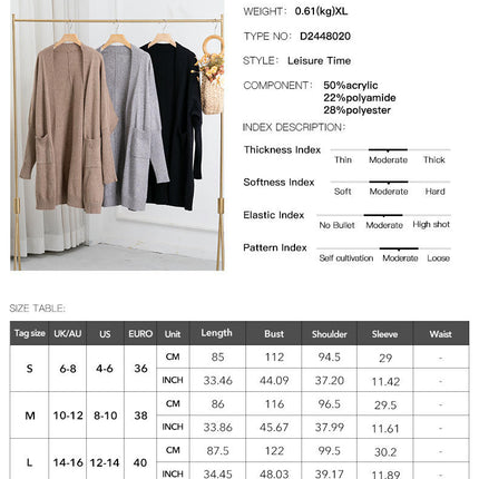 Women's Solid Color Long Cardigan Casual Loose Bat Sleeve Pocket Sweater Jacket