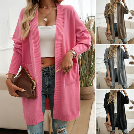 Women's Solid Color Long Cardigan Casual Loose Bat Sleeve Pocket Sweater Jacket
