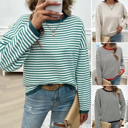 Autumn Women's Pullover Knitted Top Simple Casual Round Neck Striped Sweater