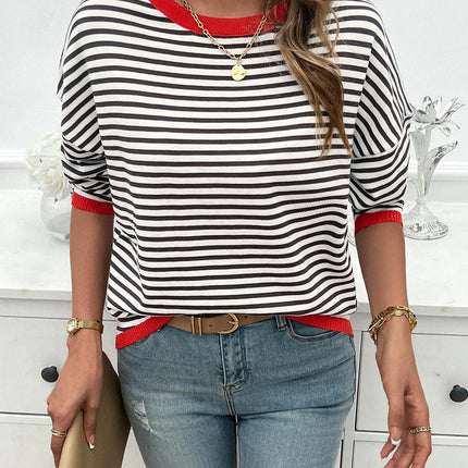 Autumn Women's Pullover Knitted Top Simple Casual Round Neck Striped Sweater