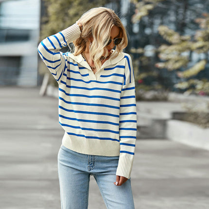 Autumn and Winter Women's Pullover Knitted Sweater Lapel Contrast Striped Sweater Top