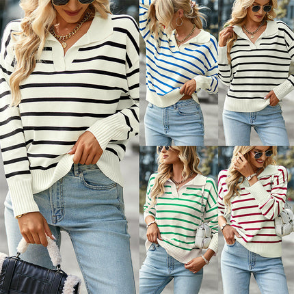 Autumn and Winter Women's Pullover Knitted Sweater Lapel Contrast Striped Sweater Top