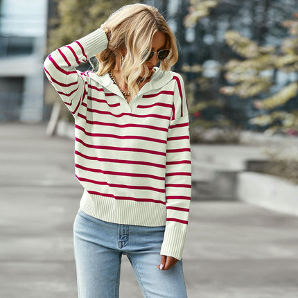 Autumn and Winter Women's Pullover Knitted Sweater Lapel Contrast Striped Sweater Top