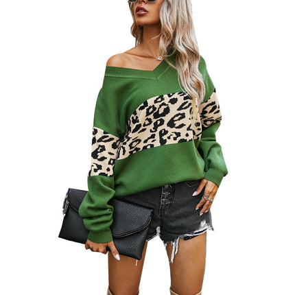Women's Autumn Pullover Knit Top Long Sleeve V-Neck Colorblock Leopard Sweater